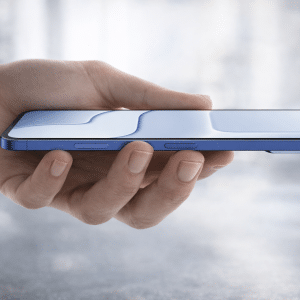 A hand holds a blue iPhone Air 2 horizontally, showing its slim profile and side buttons; the phone’s screen reflects light in a minimalist, blurred background.