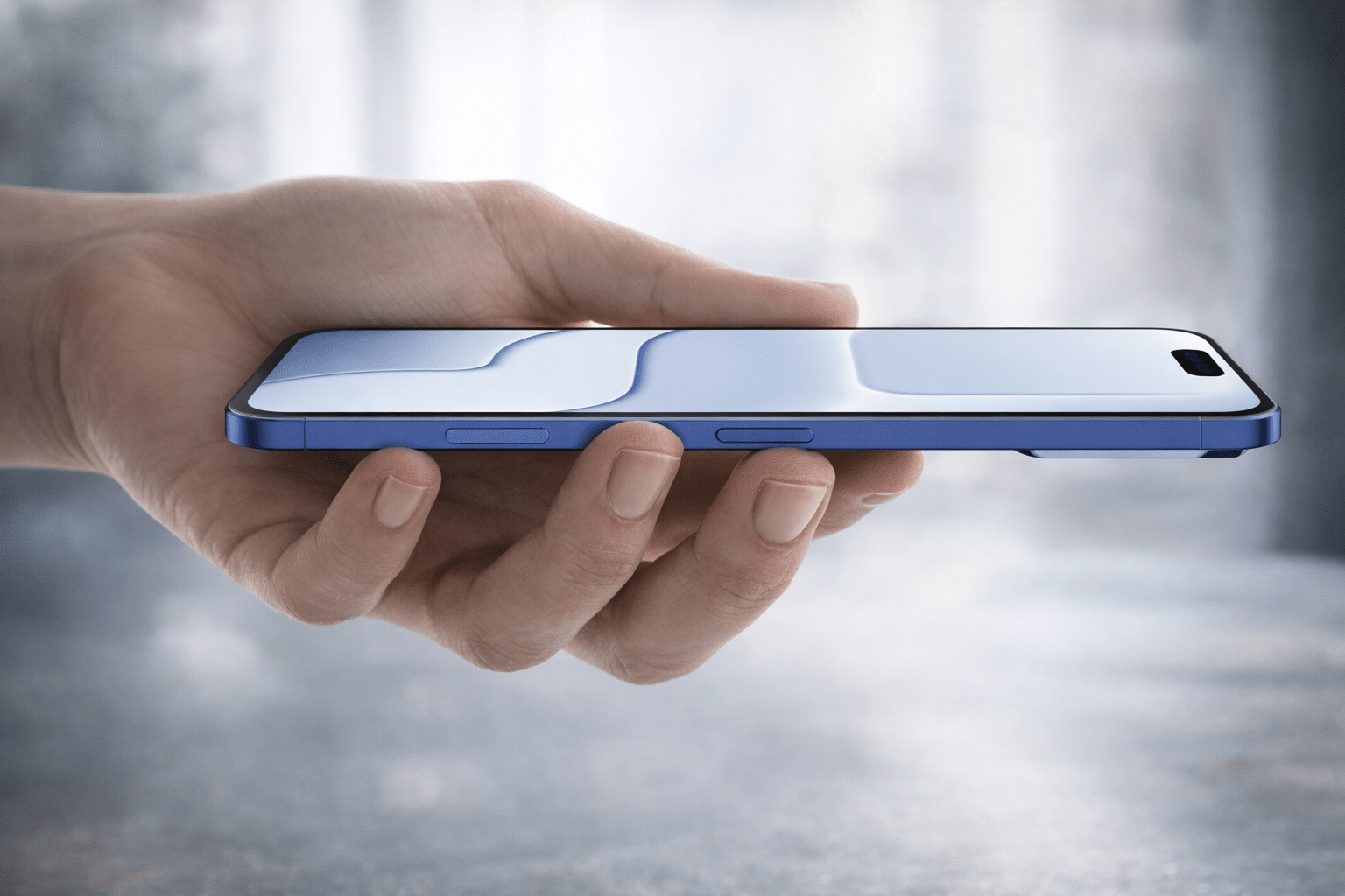 A hand holds a blue iPhone Air 2 horizontally, showing its slim profile and side buttons; the phone’s screen reflects light in a minimalist, blurred background.