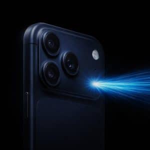 A close-up of an iPhone's rear cameras and iPhone LiDAR sensor emitting blue light beams, set against a dark background with the Apple logo in the lower right corner.