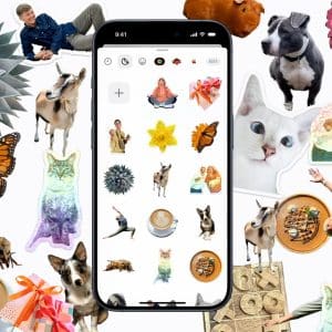 A collage of colorful stickers surrounds a smartphone displaying an iphone live stickers selection screen, featuring images of animals, people, flowers, food, and objects on a white background.