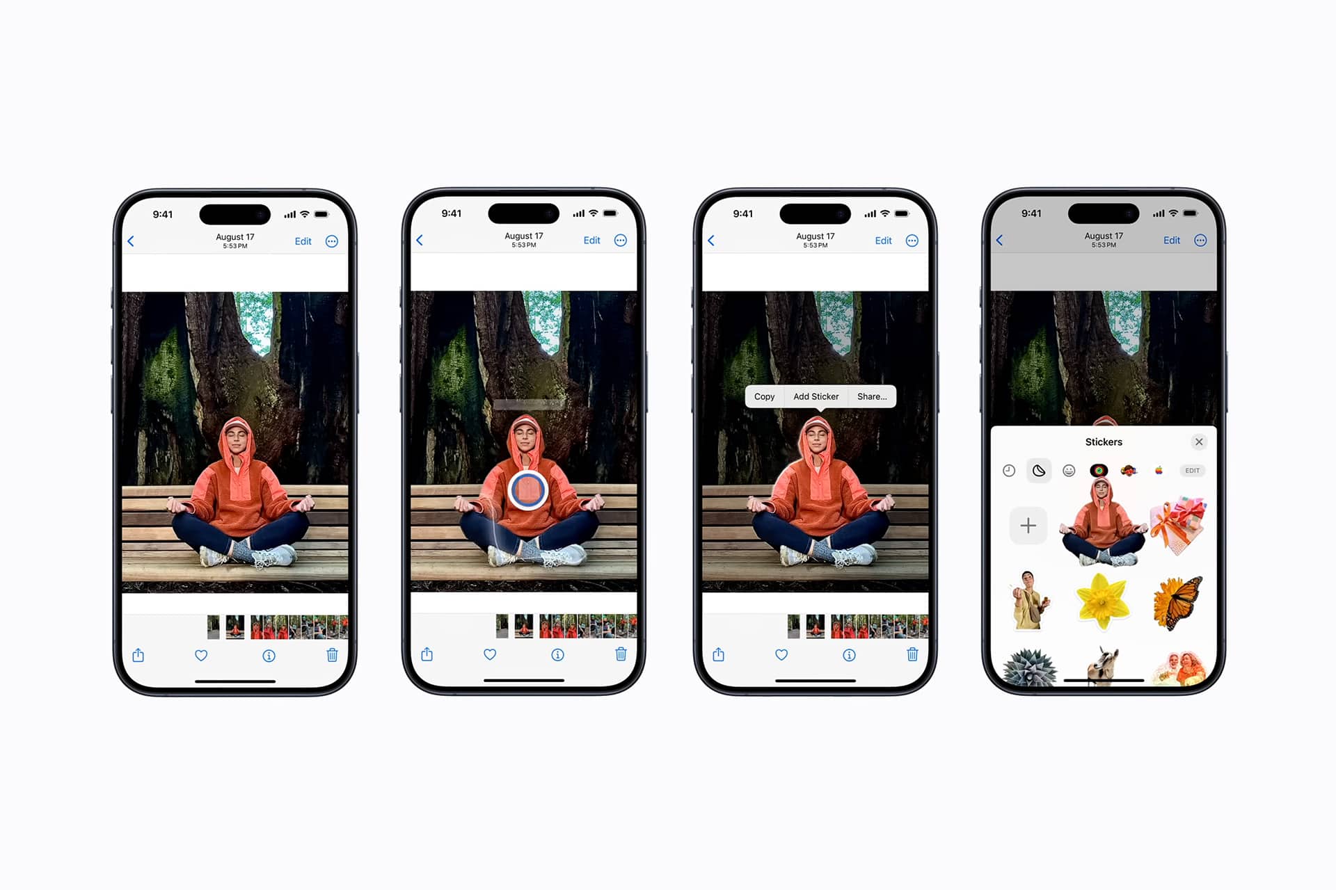 Four smartphone screens show a person in an orange hoodie sitting cross-legged outside. Steps display selecting the person, opening a menu, and using iPhone Live Stickers to add flowers and butterflies to the image.