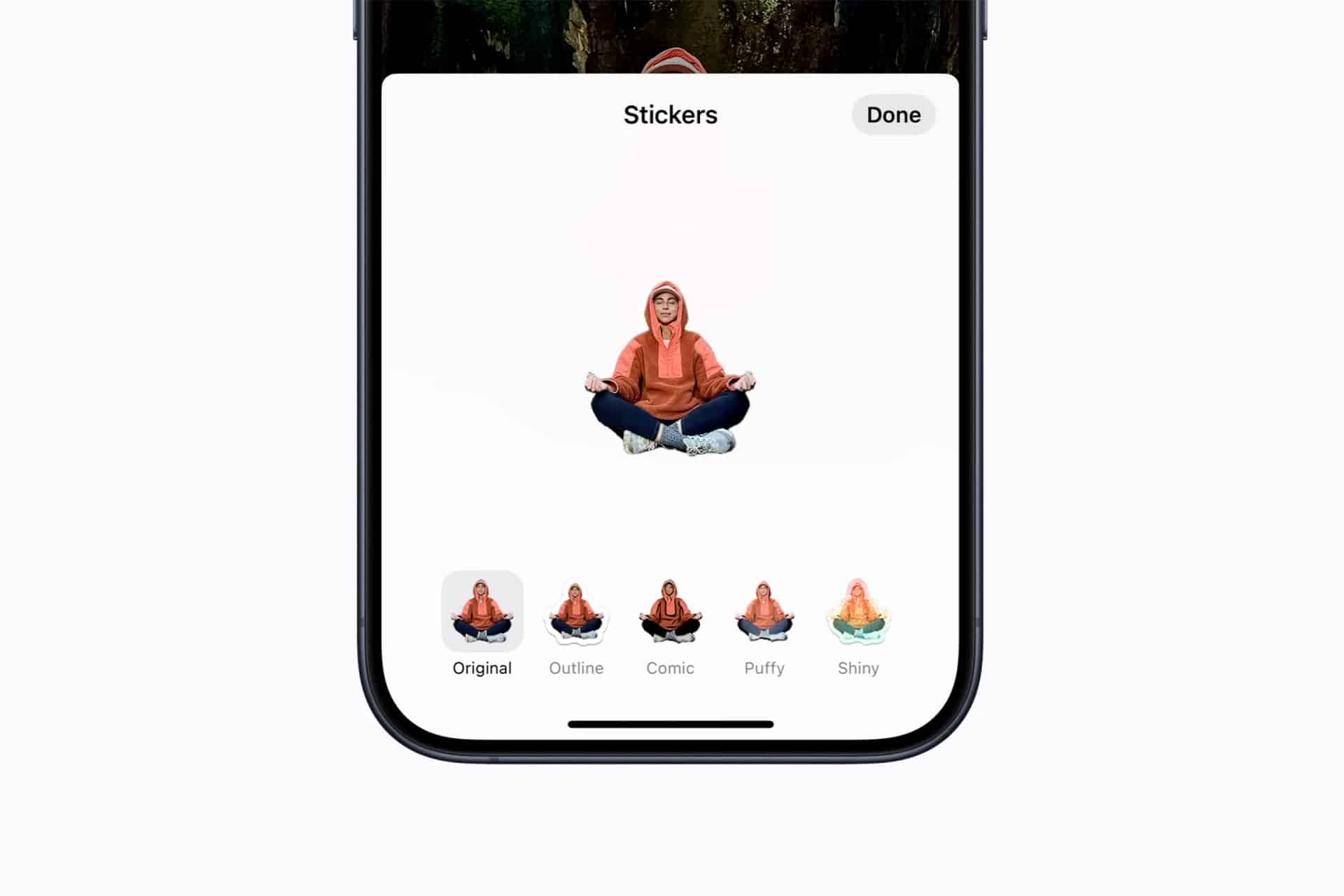 A smartphone screen displays an iphone Live Stickers selection menu with a photo of a woman in an orange hoodie sitting cross-legged. Five sticker style options are shown: Original, Outline, Comic, Puffy, and Shiny.