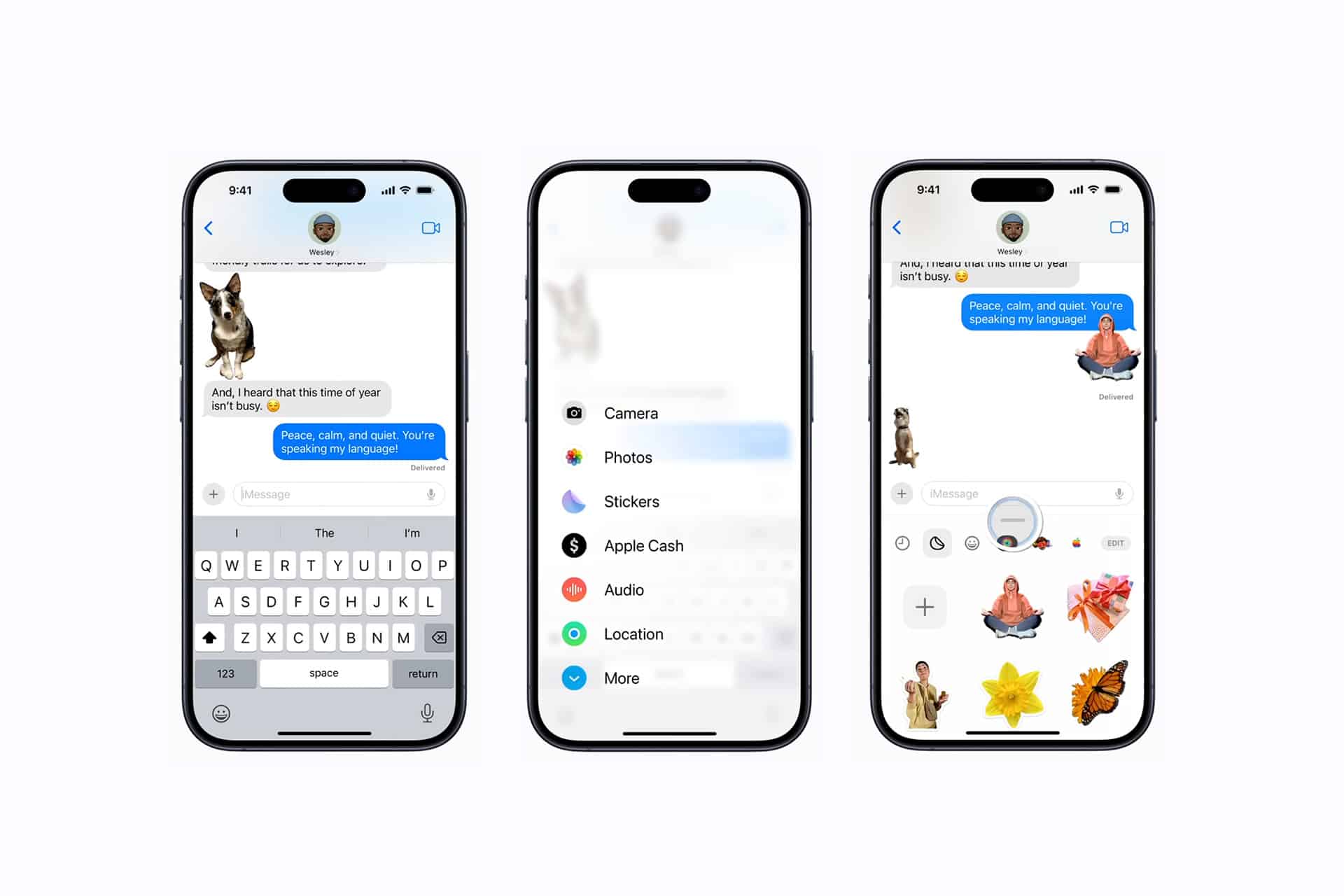 Three smartphones display iMessage chats with animal and meditation Live Stickers. The center phone shows a menu with options like Camera and Photos, while the others feature iPhone Live Stickers and a message about spreading language.