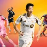 Four male soccer players in different team uniforms pose in action against a vibrant orange and purple gradient background, capturing the excitement of Apple TV MLS coverage.