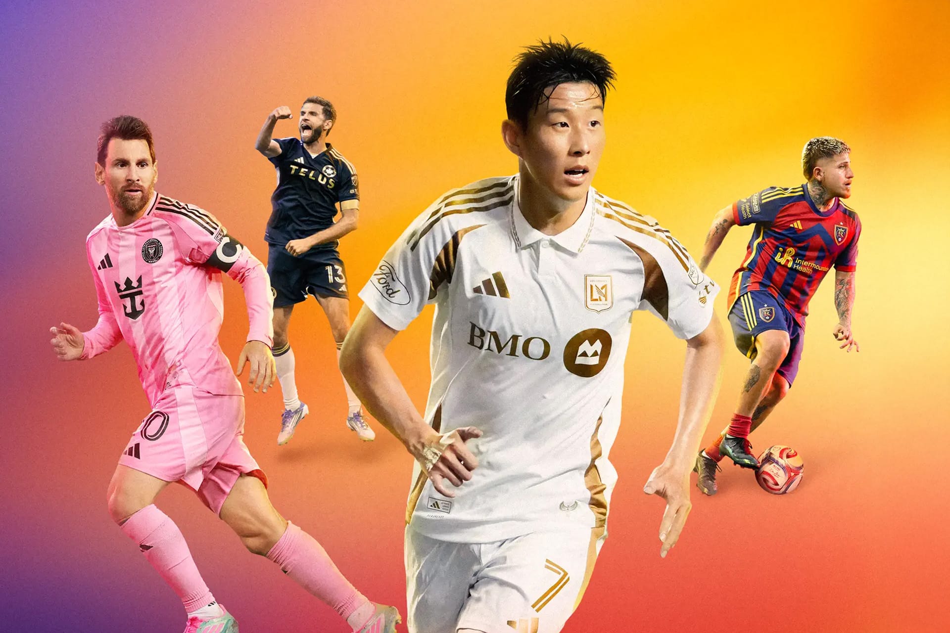 Four male soccer players in different team uniforms pose in action against a vibrant orange and purple gradient background, capturing the excitement of Apple TV MLS coverage.