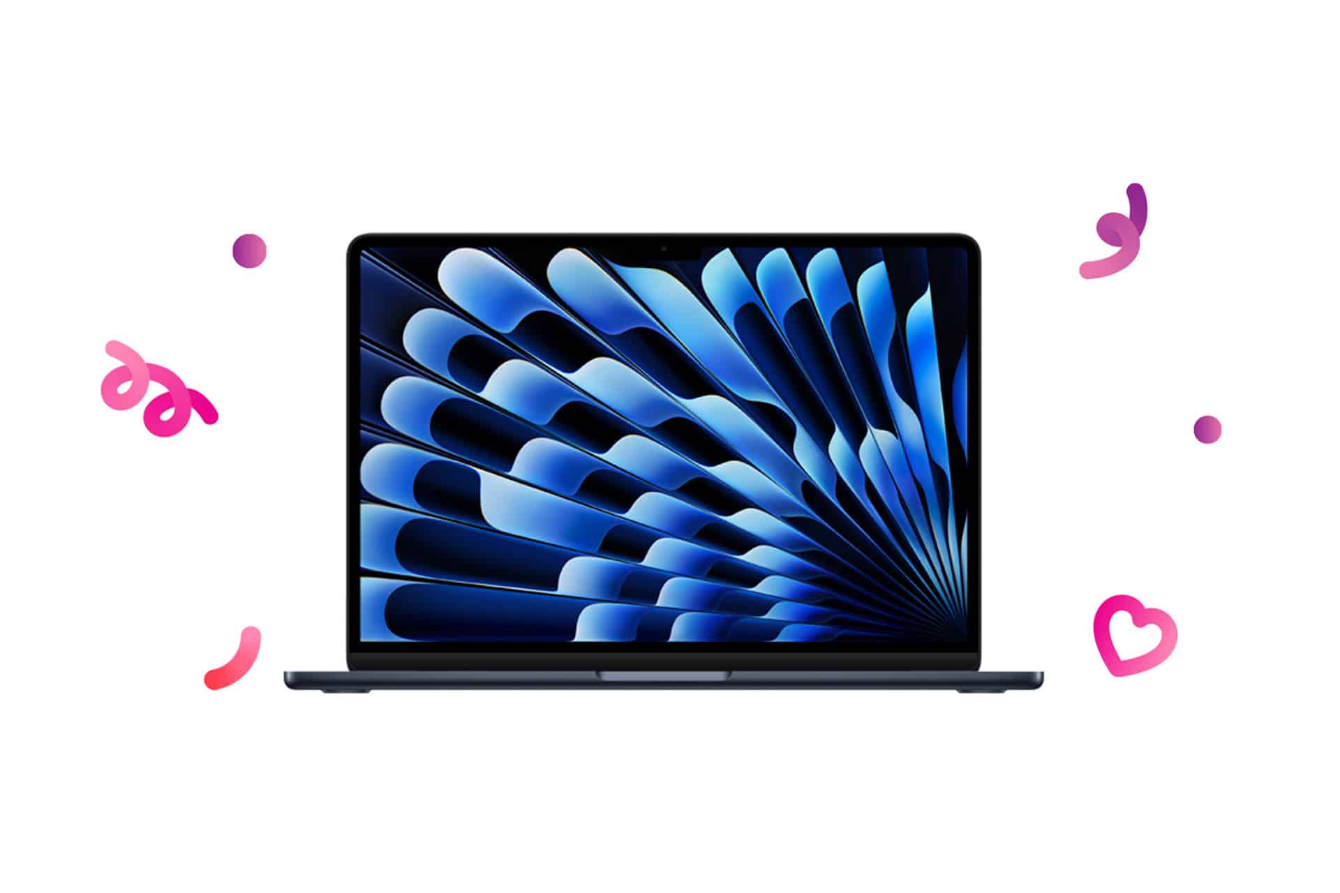 A laptop with a blue abstract pattern on its screen is centered on a white background, surrounded by pink and purple playful doodles, including a heart and squiggles—perfect inspiration for your Valentine’s Day or Apple Gifts Guide.