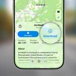 A smartphone screen displays a map of Archbald, Pennsylvania in Apple Maps. A pop-up shows local details and an offline maps "Download" button, alongside population, elevation, and a brief borough description.