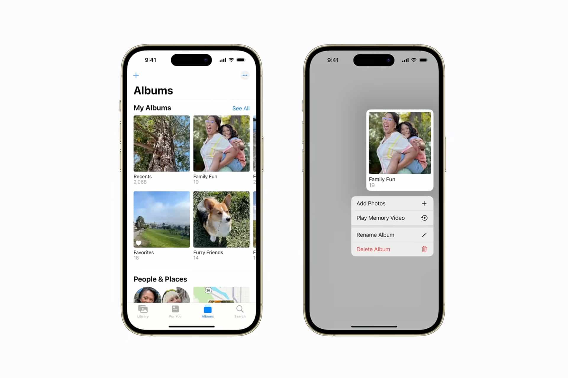 Two smartphone screens display a photo album app. The left screen shows albums with cover photos, including one of a family and one of a dog. The right screen presents album options for "Family Fun," including Photo Memory Videos.