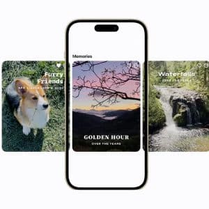 A smartphone displays a Photo Memory Videos highlight titled "Golden Hour," with more memory cards behind it featuring images of a family, a corgi, a waterfall, and outdoor exploration.