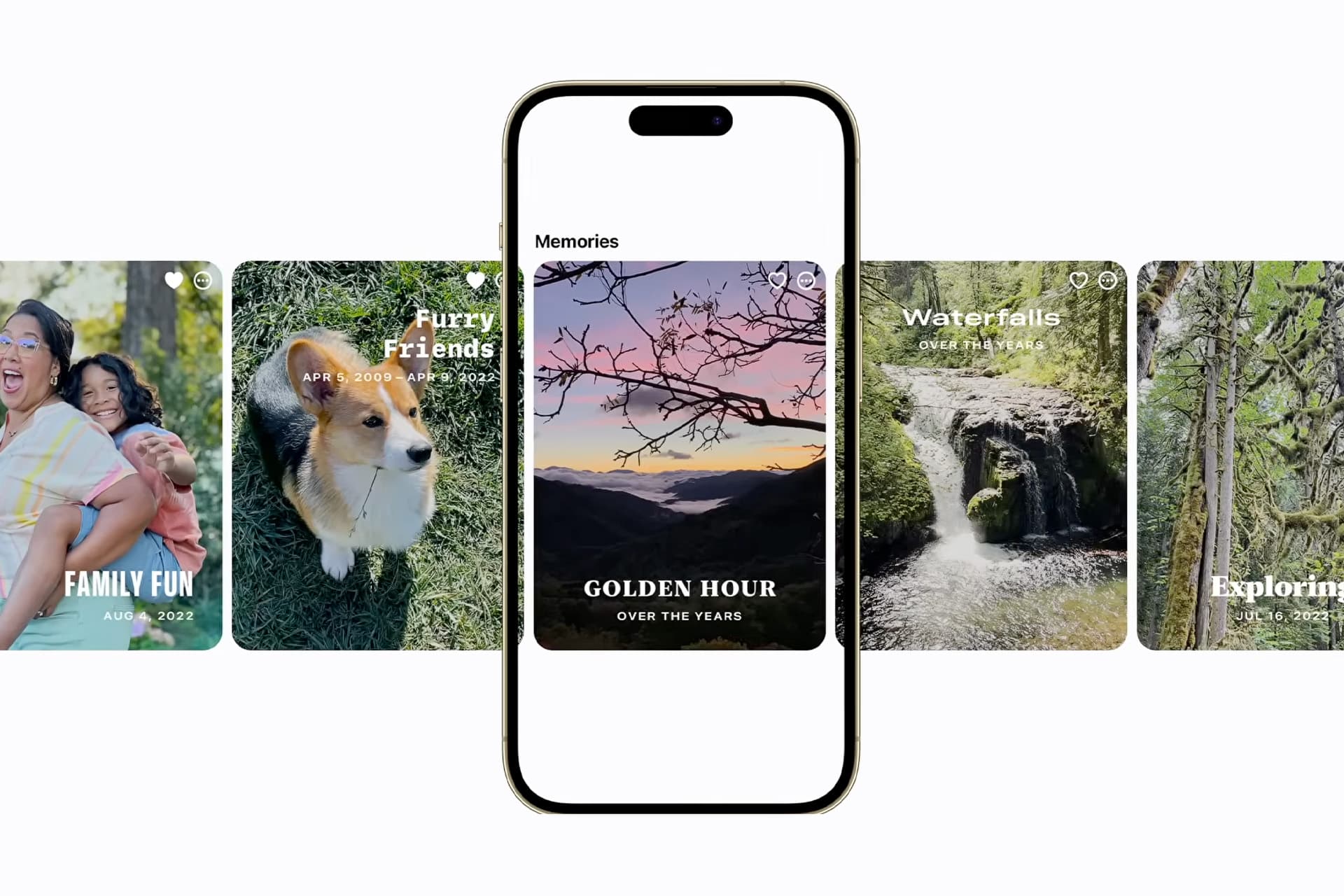 A smartphone displays a Photo Memory Videos highlight titled "Golden Hour," with more memory cards behind it featuring images of a family, a corgi, a waterfall, and outdoor exploration.