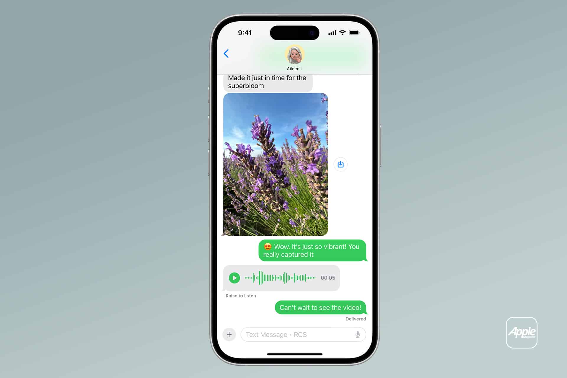 A smartphone displays a text conversation—highlighting Messages vs WhatsApp—with a photo of purple flowers, two green voice messages, and a comment saying, “Wow. It’s just so vibrant! You really captured it.” The Apple logo is in the corner.