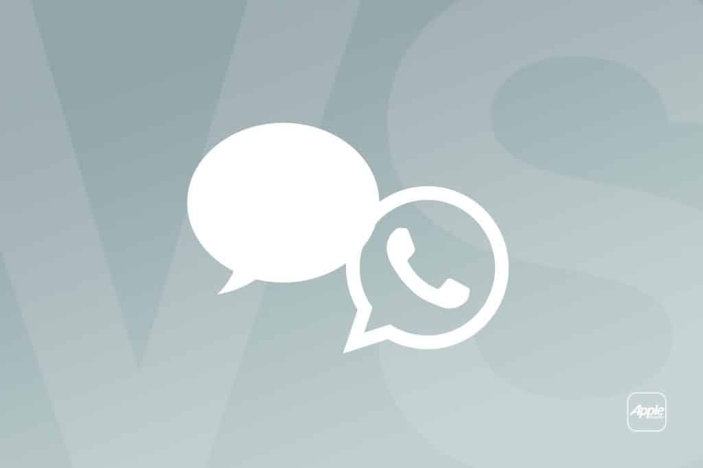 Two white icons—one with a speech bubble, the other with a phone symbol inside a chat bubble—overlap on a grey background, subtly hinting at the Messages vs WhatsApp comparison. The faint letters "VS" and an Apple logo appear in the background.