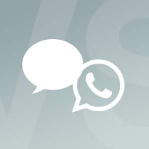 Two white icons—one with a speech bubble, the other with a phone symbol inside a chat bubble—overlap on a grey background, subtly hinting at the Messages vs WhatsApp comparison. The faint letters "VS" and an Apple logo appear in the background.