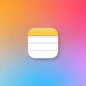 Apple Notes app icon centered on a vibrant gradient background with shades of yellow, orange, pink, blue, and purple, highlighting seamless apple notes collaboration and teamwork across Apple devices. A faint Apple logo sits in the lower right corner.