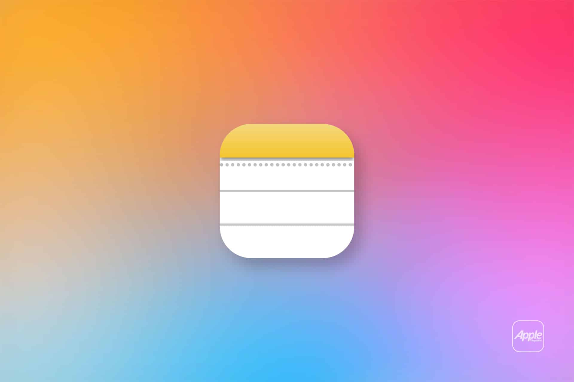 Apple Notes app icon centered on a vibrant gradient background with shades of yellow, orange, pink, blue, and purple, highlighting seamless apple notes collaboration and teamwork across Apple devices. A faint Apple logo sits in the lower right corner.