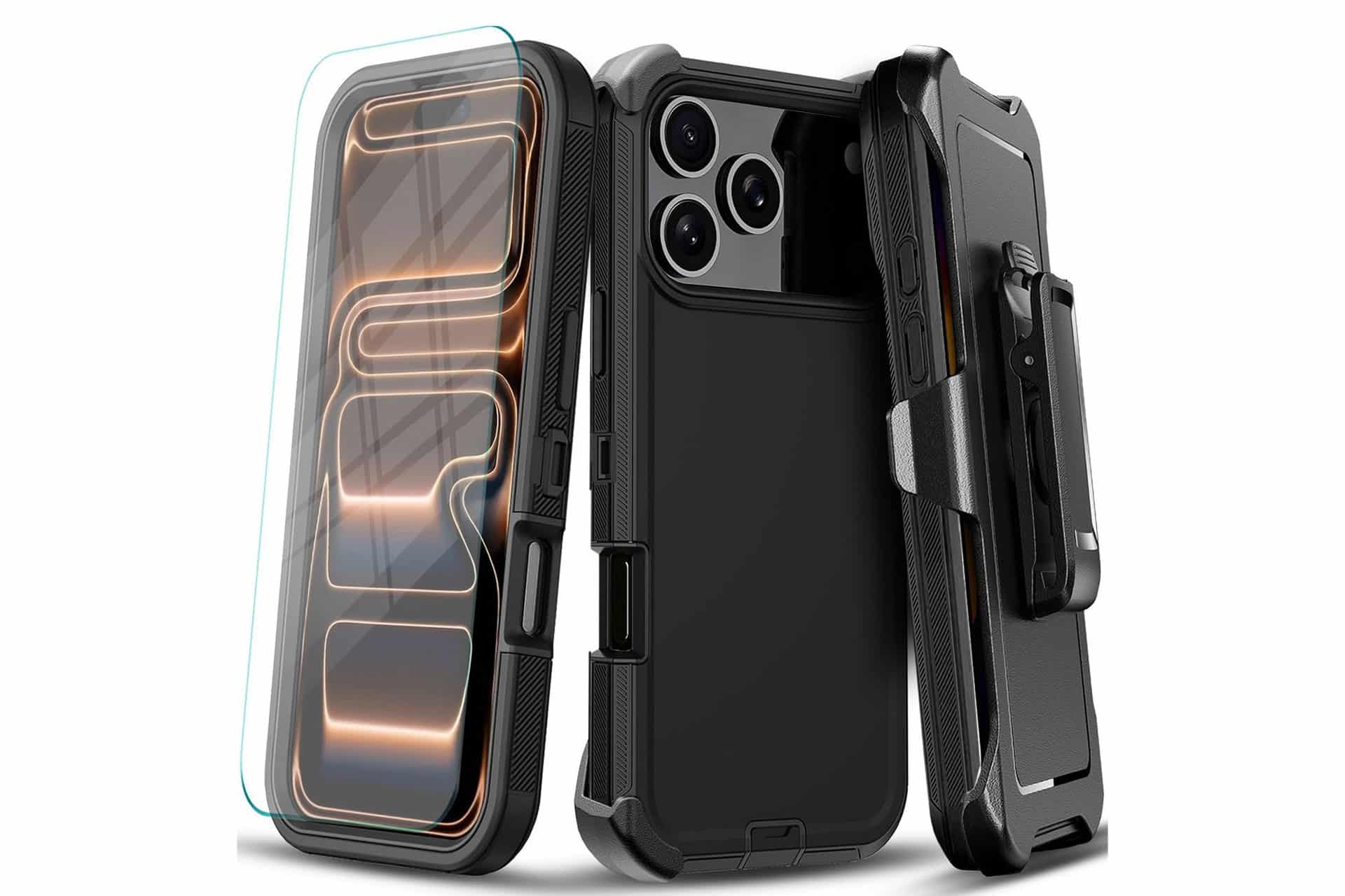 Three black rugged iPhone cases are shown: one with a screen protector, one displaying camera cutouts, and one featuring a belt clip holder—all designed to offer top-tier protection found in the best iPhone case brands.