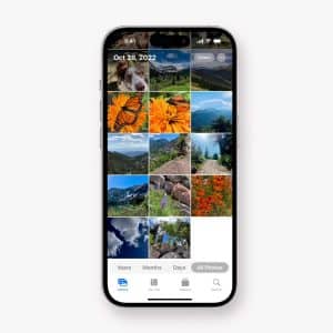A smartphone displays an iPhone Photos gallery grid with images of mountains, trees, flowers, butterflies, and a dog. The date at the top is October 28, 2022. Apple branding appears in the bottom right corner.