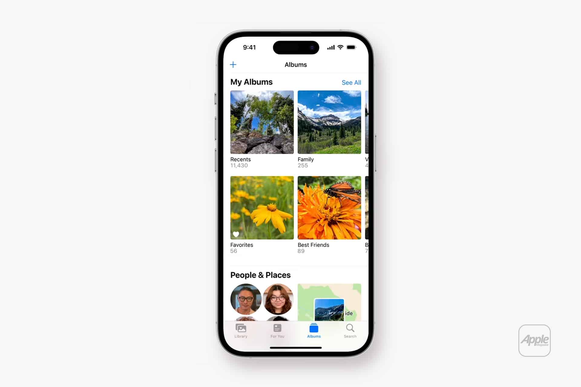 An iPhone displaying the Apple Photos App's Albums tab, showing photo albums like Recents, Family, Favorites, and Best Friends—perfect for organizing or starting your iPhone Photos Cleanup. Each album shows its cover and the number of photos or people.