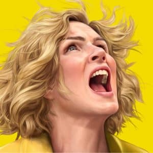 A woman with wavy blonde hair and a yellow shirt screams upward with her mouth wide open against a solid bright yellow background, capturing the bold energy of Pluribus Season 2.