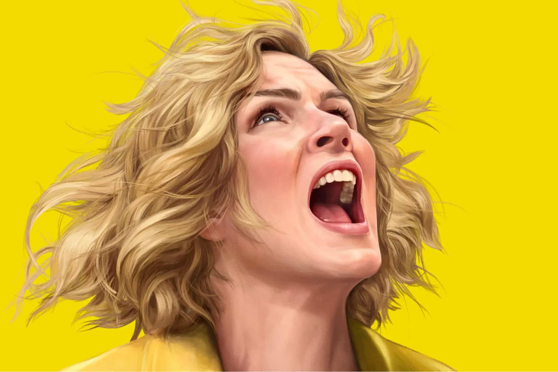 A woman with wavy blonde hair and a yellow shirt screams upward with her mouth wide open against a solid bright yellow background, capturing the bold energy of Pluribus Season 2.
