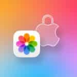 Apple Photos app icon with a colorful flower overlaps a transparent Apple logo shaped like a padlock, symbolizing the iPhone hidden photos feature on a gradient background with Apple branding in the corner.