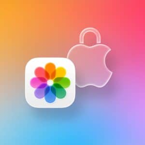 Apple Photos app icon with a colorful flower overlaps a transparent Apple logo shaped like a padlock, symbolizing the iPhone hidden photos feature on a gradient background with Apple branding in the corner.