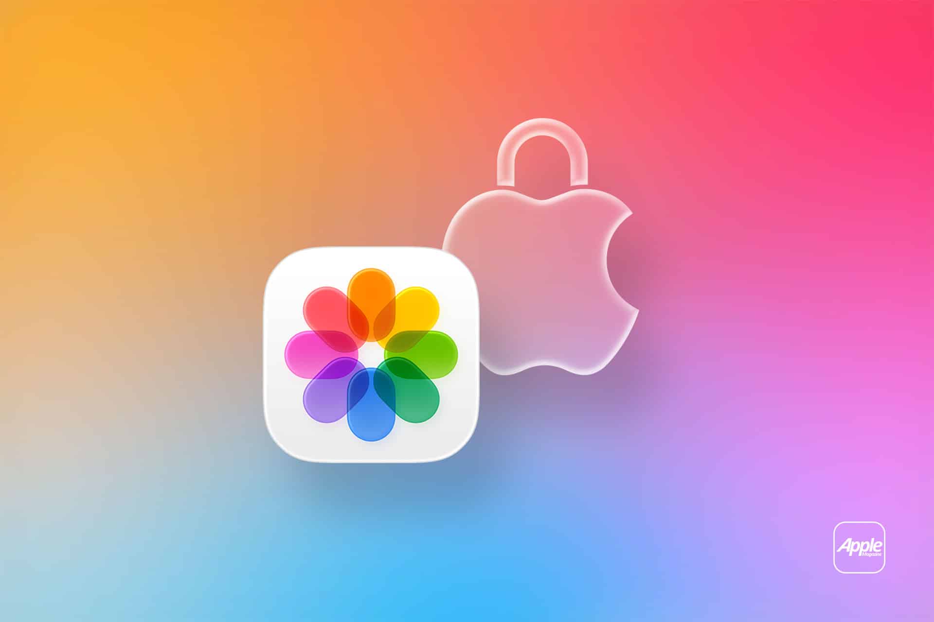 Apple Photos app icon with a colorful flower overlaps a transparent Apple logo shaped like a padlock, symbolizing the iPhone hidden photos feature on a gradient background with Apple branding in the corner.