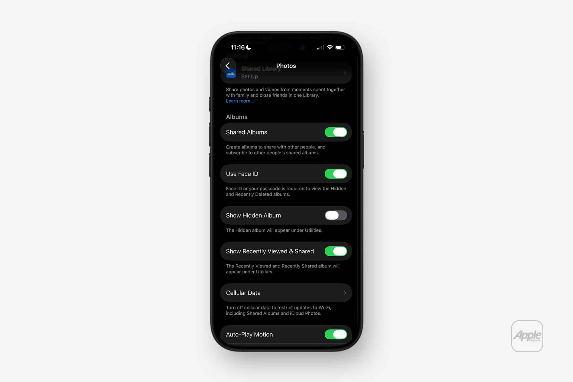 An iPhone displays the Photos settings screen, highlighting options like Shared Albums, Use Face ID, Cellular Data, and the Hidden Album toggle—all enabled. Easily manage iphone hidden photos and privacy with these intuitive controls.