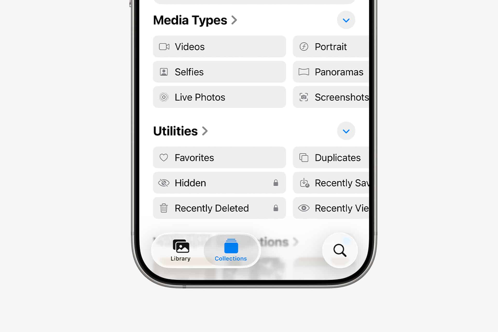 Close-up of a smartphone screen showing a photo app's "Media Types" and "Utilities" sections, including options like Videos, Selfies, Favorites, and the Hidden album for iPhone hidden photos; bottom navigation bar is partially visible.