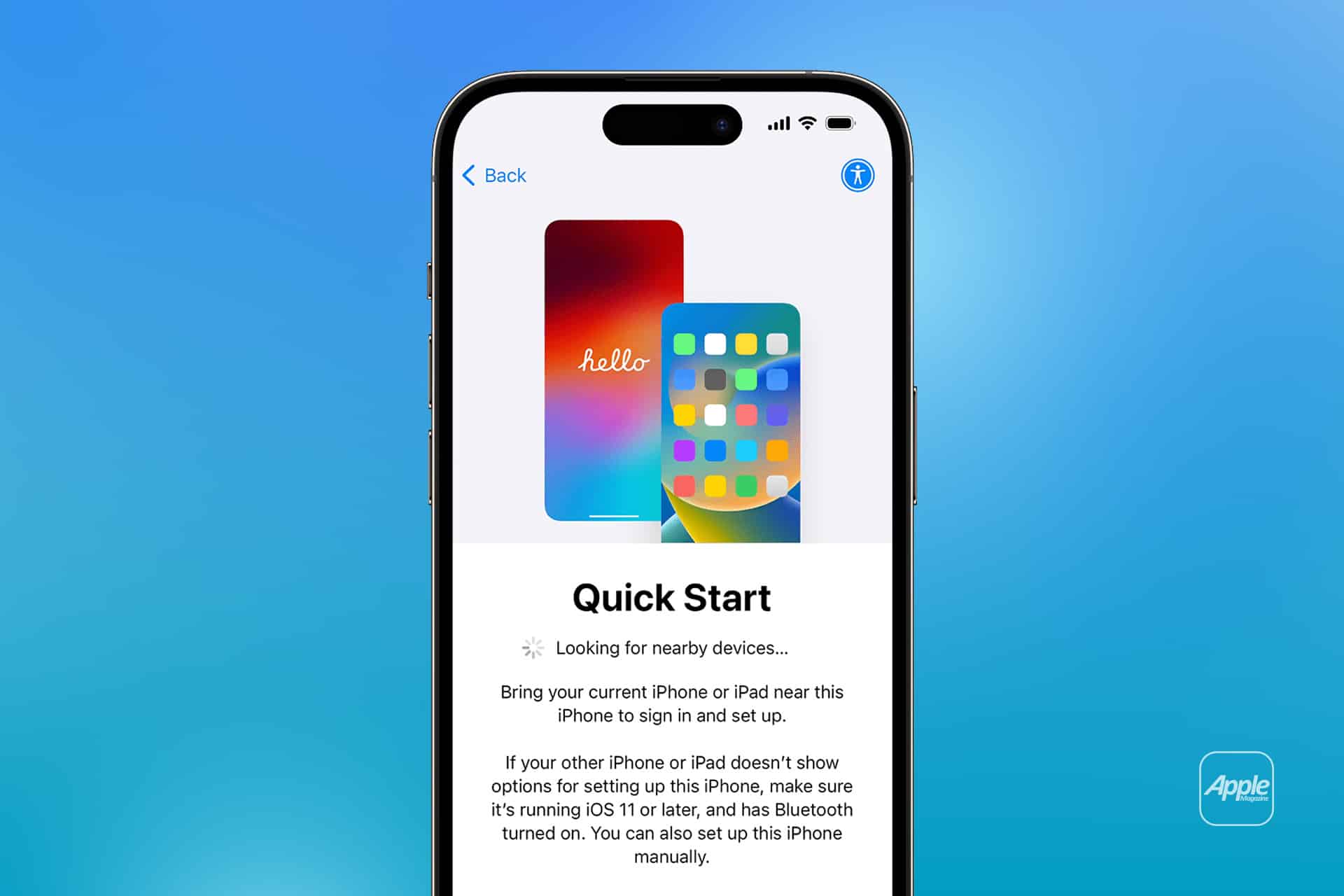 An iPhone displays the “Quick Start” setup screen, featuring two iPhones and instructions for secure transfers using Device-to-Device Data Migration, all set against a blue gradient background with a small Apple logo in the bottom right corner.
