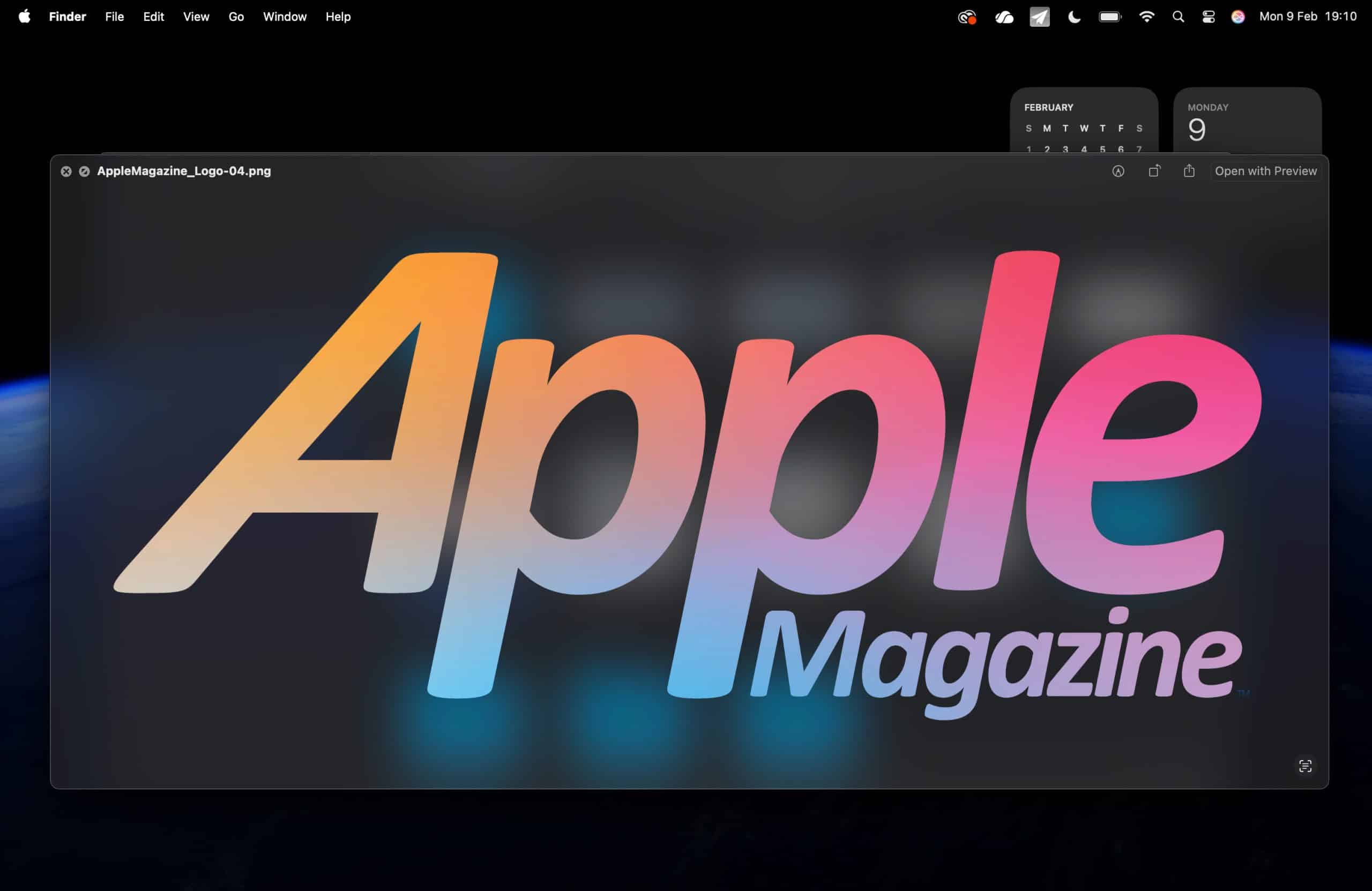 A computer screen displays a colorful "Apple Magazine" logo in gradient shades of orange, pink, and blue. The interface shows the file name, a mac quick preview window, and a calendar widget with the date Monday, February 9.