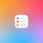 A white square app icon with three colored dots and lines, inspired by Apple Reminders Lists, centered on a gradient orange, pink, and blue background with a small Apple logo in the lower right corner.
