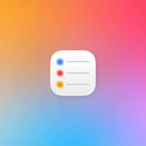 A white square app icon with three colored dots and lines, inspired by Apple Reminders Lists, centered on a gradient orange, pink, and blue background with a small Apple logo in the lower right corner.