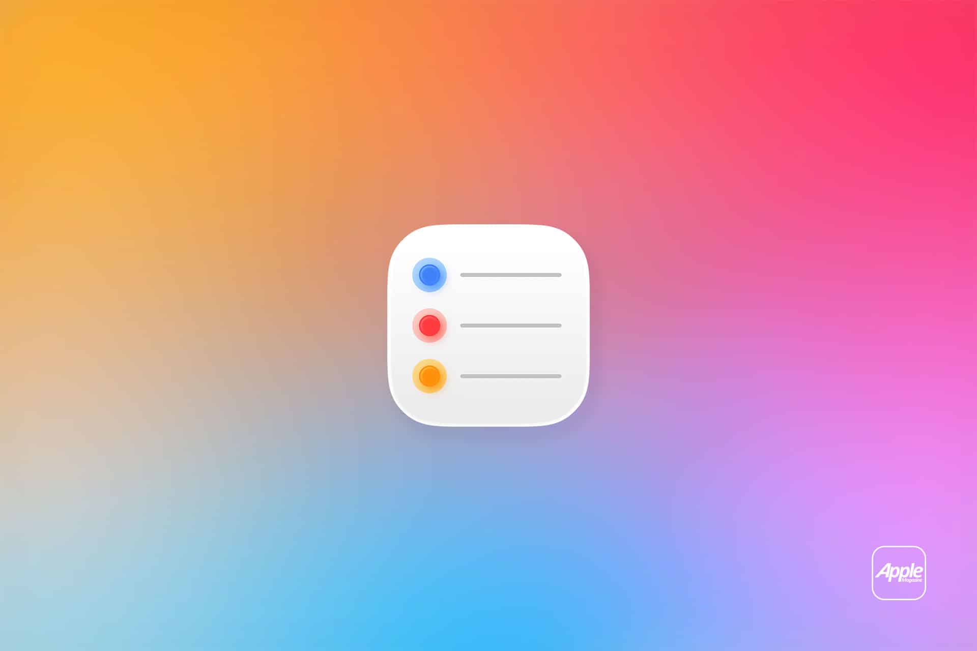A white square app icon with three colored dots and lines, inspired by Apple Reminders Lists, centered on a gradient orange, pink, and blue background with a small Apple logo in the lower right corner.