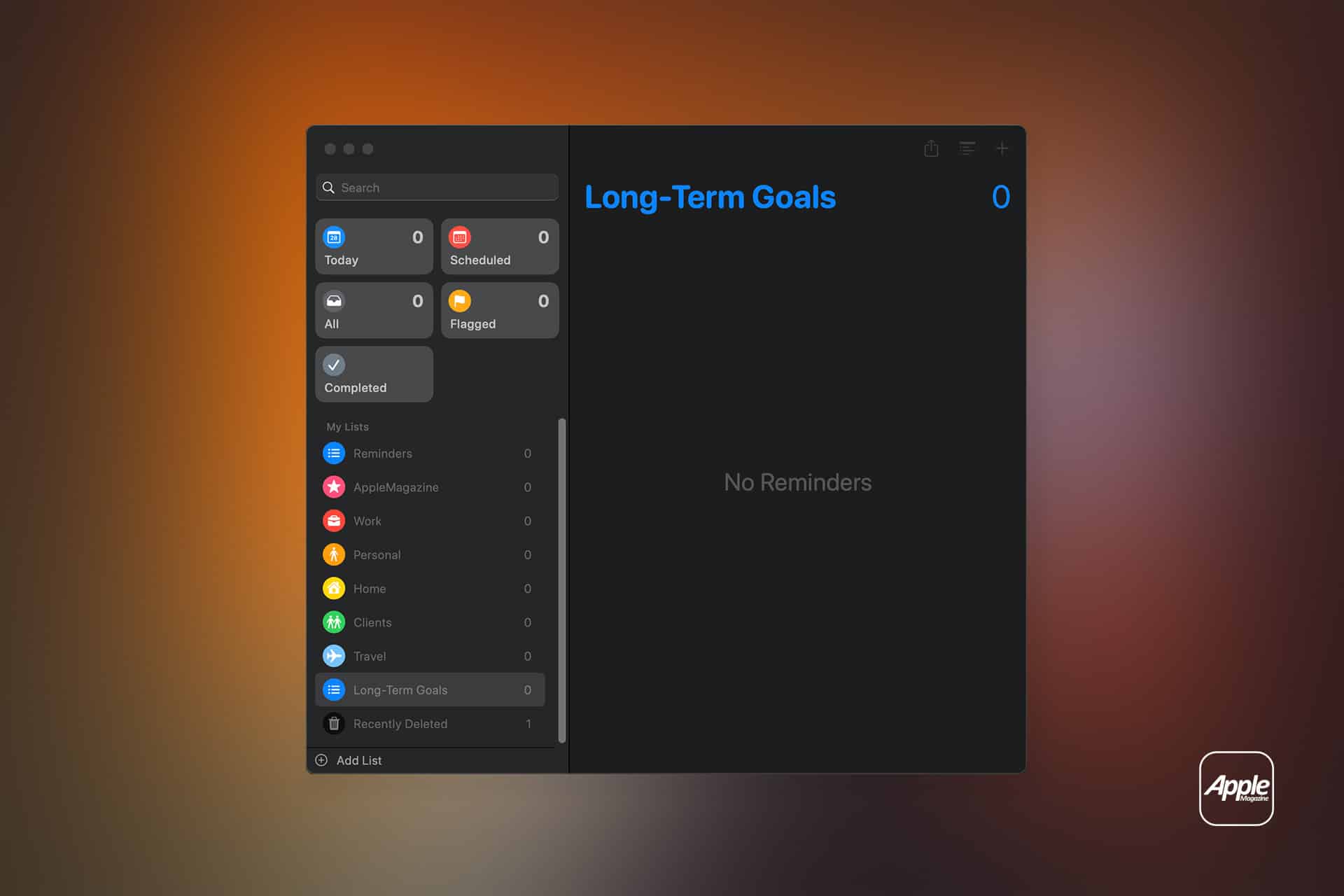 A dark-themed Apple Reminders app window showcases a "Long-Term Goals" list with no reminders, alongside colorful Apple Reminders Lists icons on the left sidebar. The orange-blurred background and an Apple logo in the bottom right complete the scene.