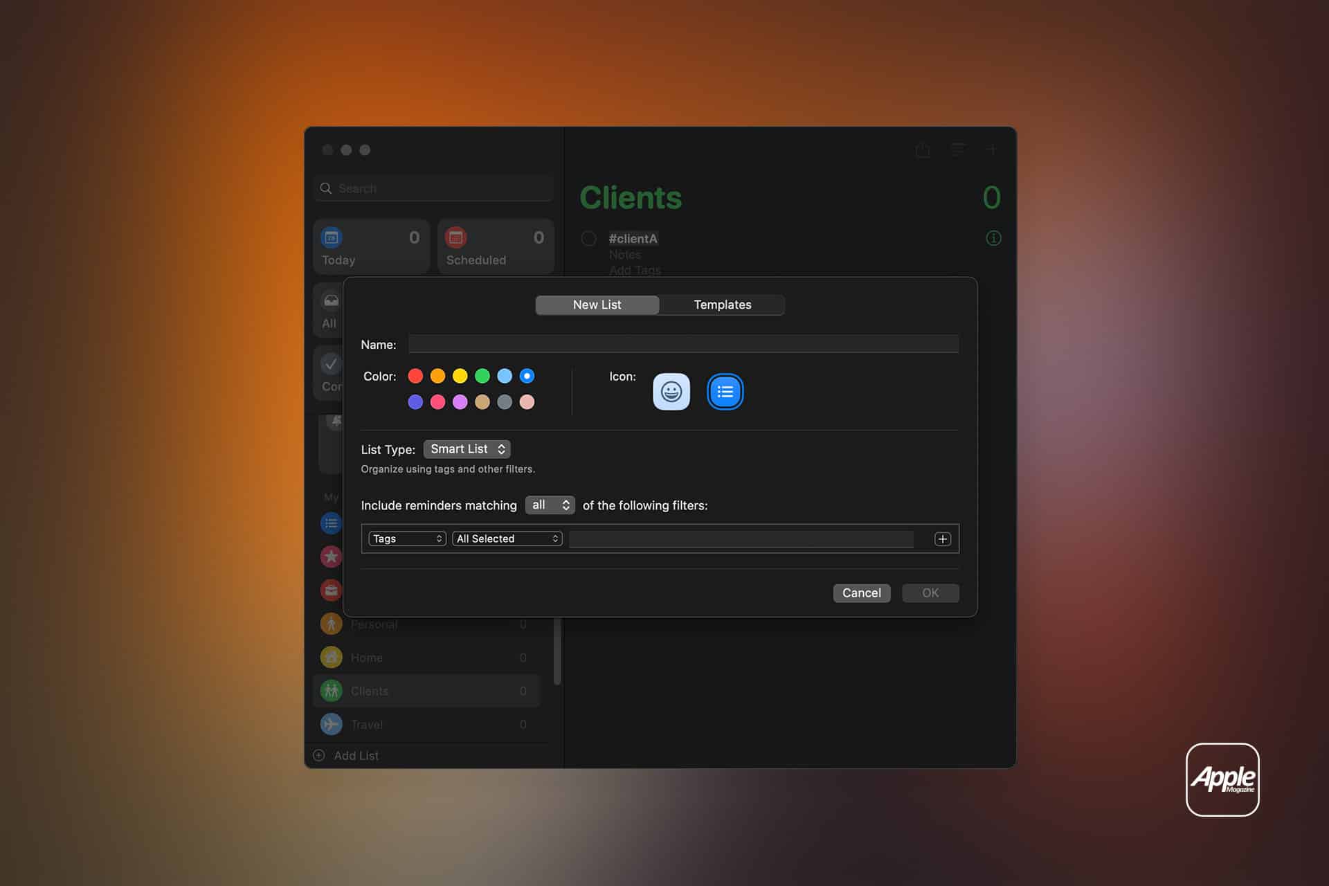 A dark-themed app interface for Apple Reminders Lists shows a "New List" creation window with color and icon options, filter settings, and fields for list name and type. The background features an orange gradient and an Apple logo in the bottom right corner.