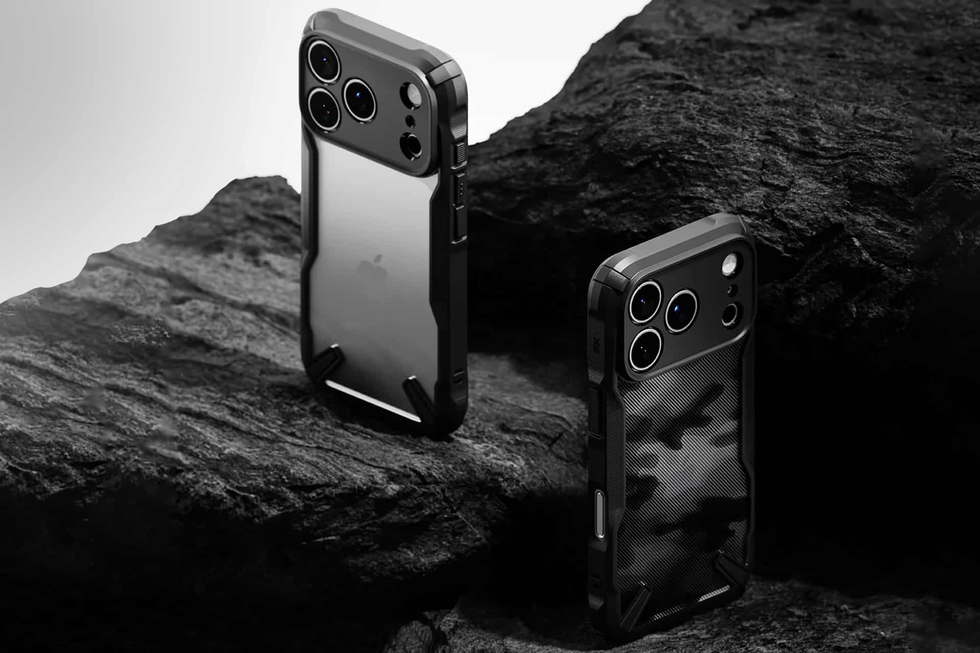 B&W image of 2 iPhones with cases. Ringke iPhone hard cases.
