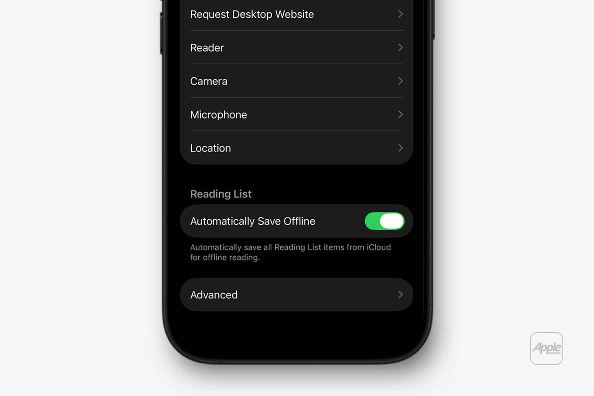 A smartphone screen displaying settings with the "Automatically Save Offline" option for Reading List toggled on—one of the helpful iPhone Safari Reader tricks to save items from iCloud for offline reading.