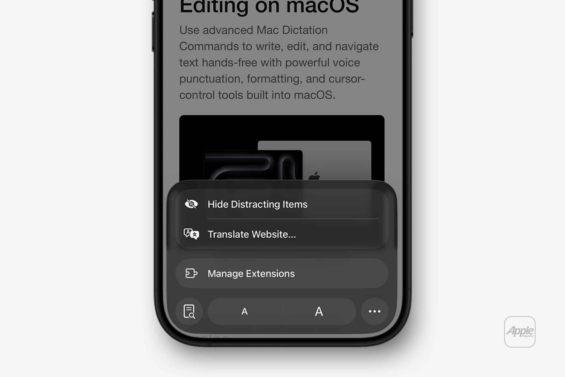 A smartphone screen displays a web browser menu with options like iPhone Safari Reader Tricks to hide distractions, translate the website, and manage extensions. The background reveals partially visible text about macOS.