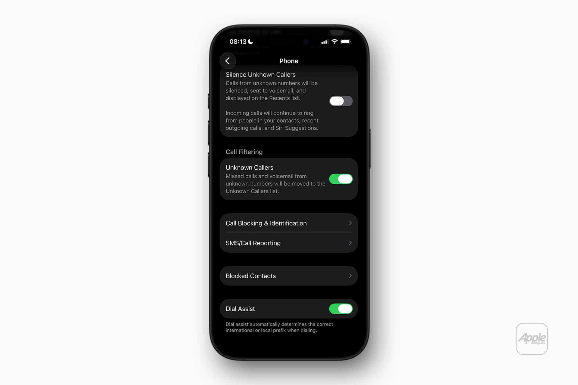 A smartphone screen displays phone call settings in dark mode, featuring options like Screen Unknown Callers, filter unknown calls, block contacts, report SMS, and enable dial assist.