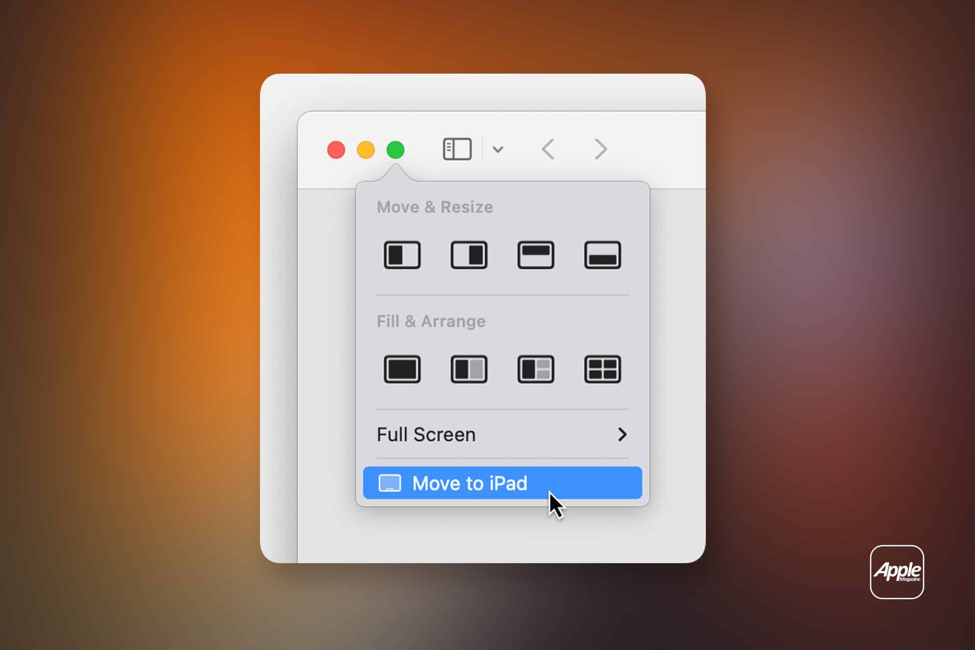 A computer window displays screen arrangement options. A dropdown menu shows layout choices and a highlighted option labeled "Move to iPad" with a cursor pointing at it, illustrating the iPad Sidecar feature. The background is a blurred gradient.