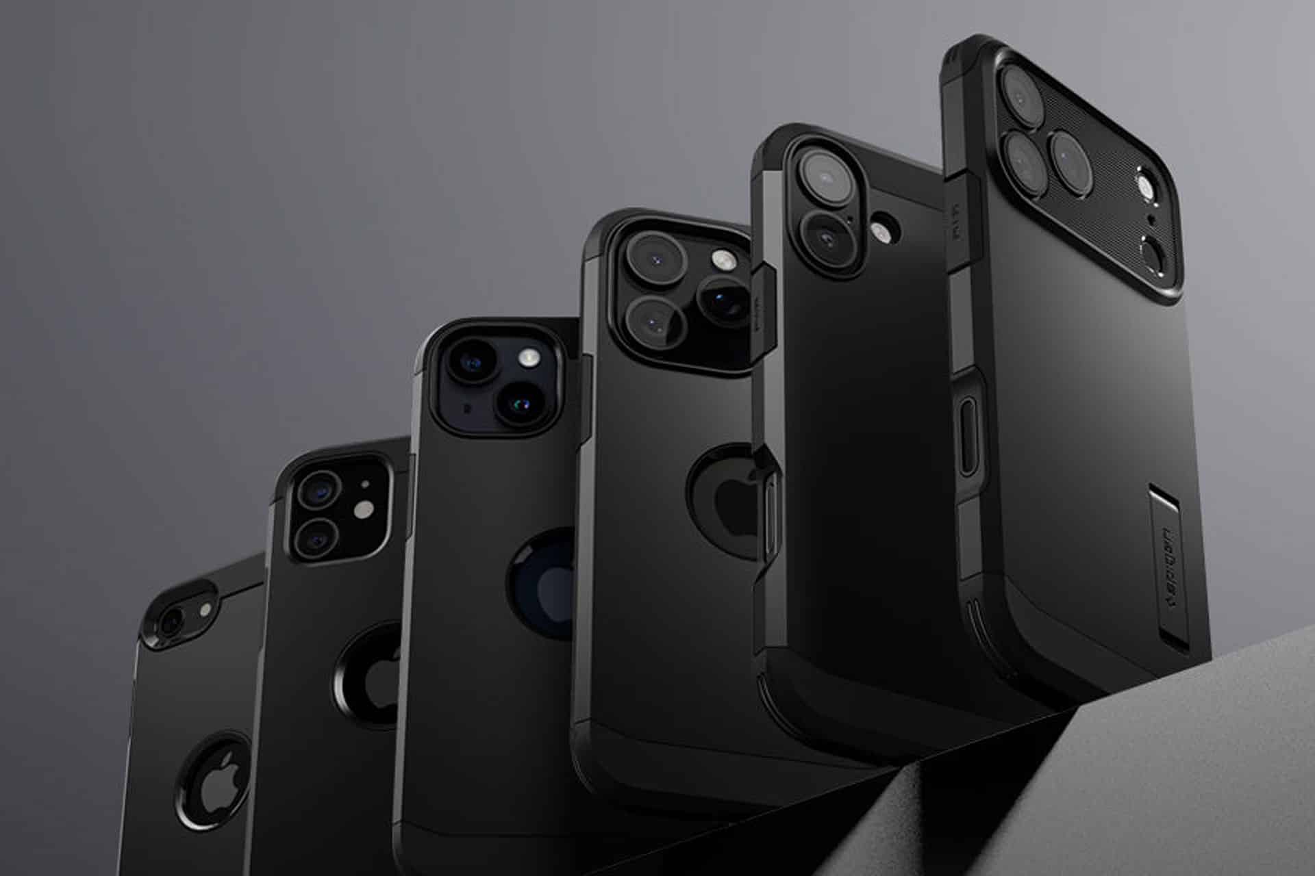 Six black smartphones in protective cases are lined up diagonally against a dark background, highlighting the evolution of camera designs and top iPhone case brands over time.