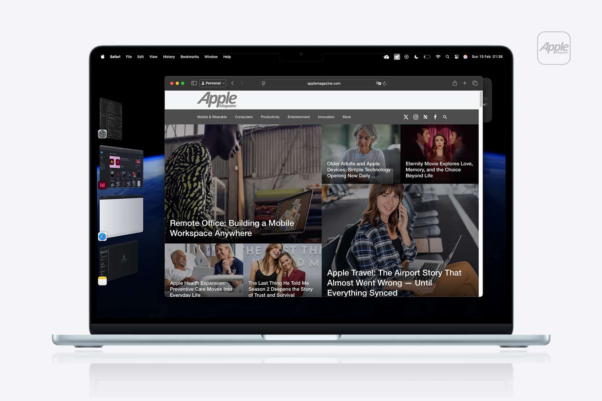 A MacBook displays a web browser open to an Apple news site, with articles and images. App thumbnails line the left side, showcasing the Stage Manager feature, while the Apple logo sits in the top right of the white Mac desktop background.
