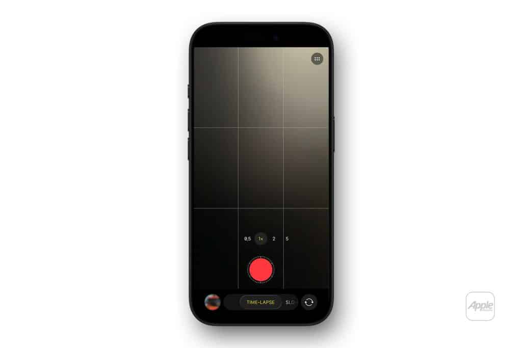 A smartphone screen displays the iPhone time-lapse camera app with grid lines, a large red record button, and timer options. The Apple logo sits in the bottom right corner of the white background.