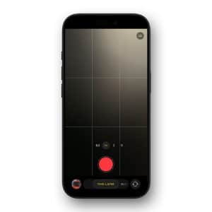 A smartphone screen displays the iPhone time-lapse camera app with grid lines, a large red record button, and timer options. The Apple logo sits in the bottom right corner of the white background.