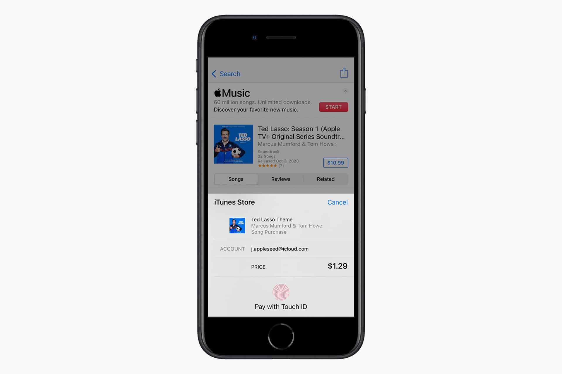 An iPhone screen displays the purchase of the "Ted Lasso Theme" song in the iTunes Store for $1.29, with an option to pay using Touch ID at the bottom, featuring enhanced security options like Face ID App Lock.