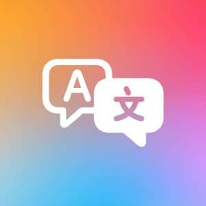 Two speech bubbles—one with the letter "A," the other with a Chinese character—appear against a colorful gradient, symbolizing languages and multilingual communication for immigrant communities through tools like Apple Bridge.