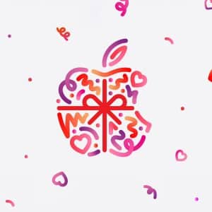 A stylized Apple logo made of pink, orange, and red doodles—hearts, swirls, and a ribbon—appears at the center. Perfect for Valentine's Day, small hearts and swirls are scattered across a soft background.