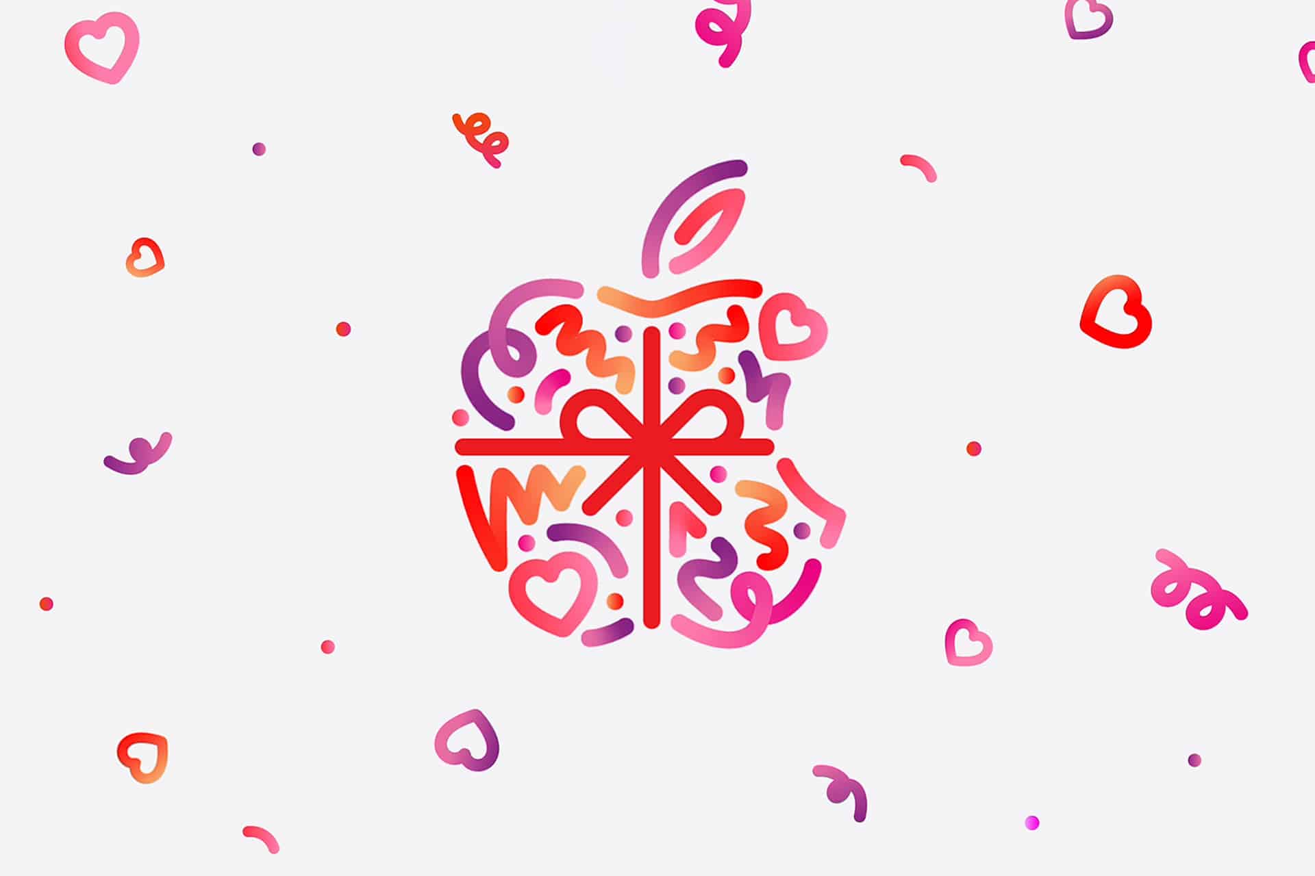A stylized Apple logo made of pink, orange, and red doodles—hearts, swirls, and a ribbon—appears at the center. Perfect for Valentine's Day, small hearts and swirls are scattered across a soft background.