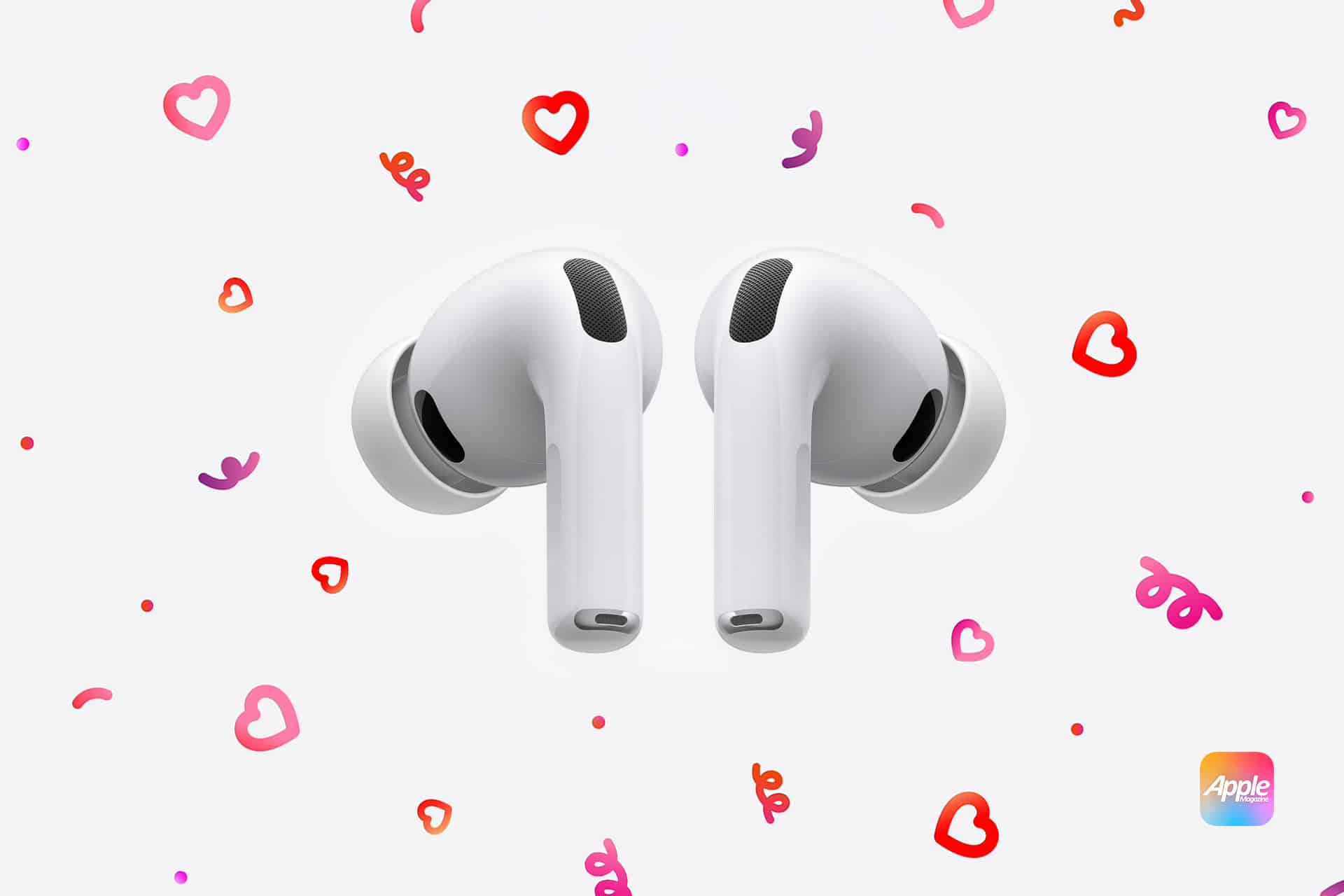 A pair of white wireless earbuds floats on a light background decorated with pink and red hand-drawn hearts, capturing a valentine’s day vibe. The Apple logo appears in the bottom right corner.